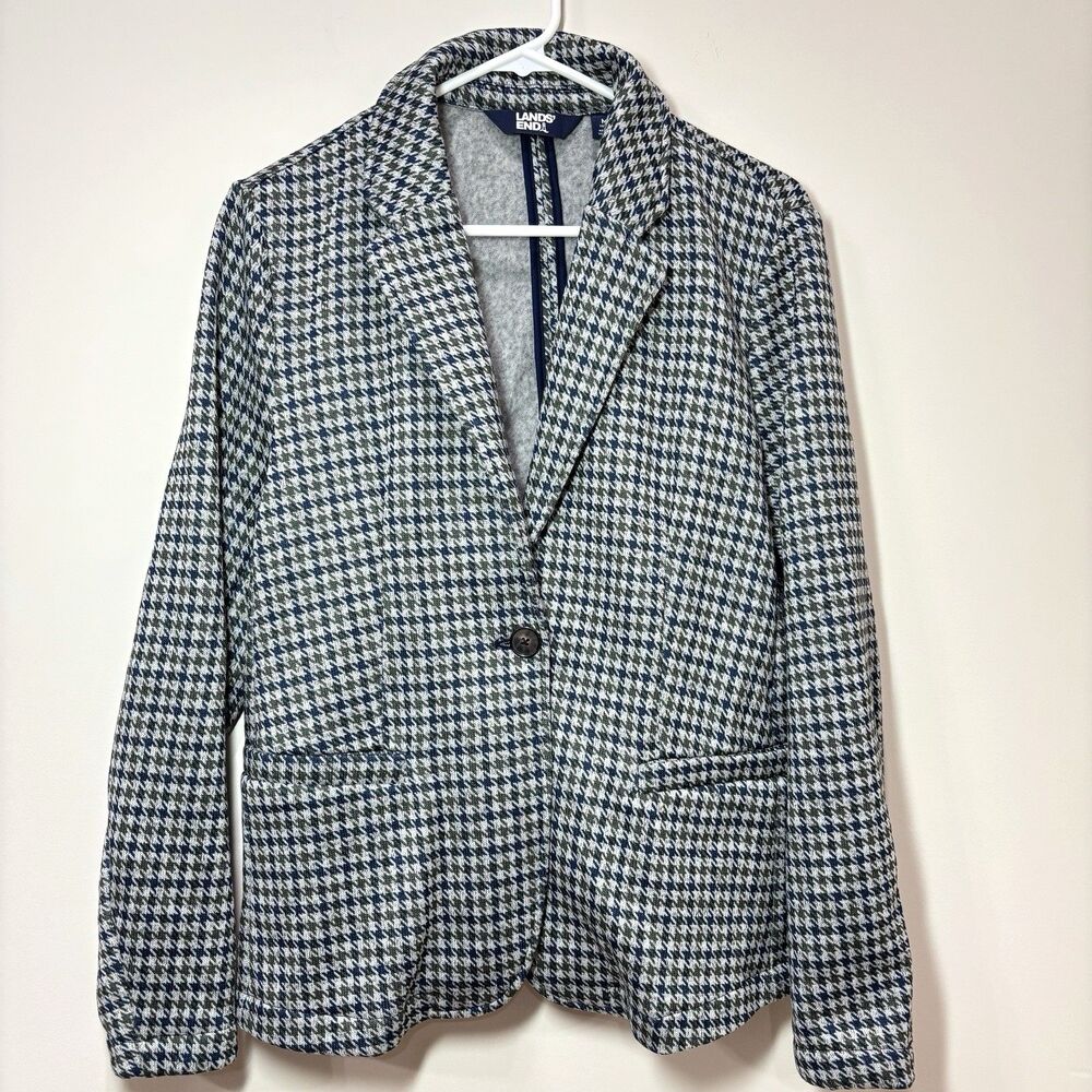 Lands End Knit Blazer Women M Green Houndstooth Jacket Fleece Office Heritage